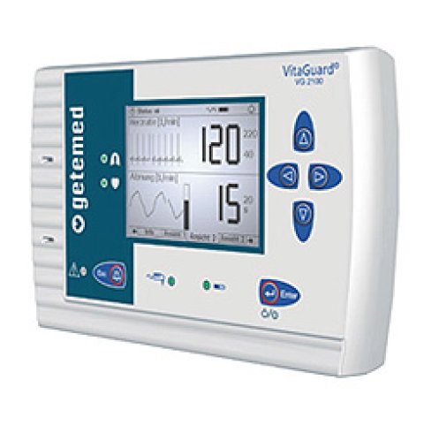 Das VitaGuard® VG 2100 Monitoring-Gerät von Getemed zeigt sein blaues Gehäuse und Display mit Vitalfunktionen und Bedienelementen, bereitgestellt von PMT Medizintechnik GmbH.