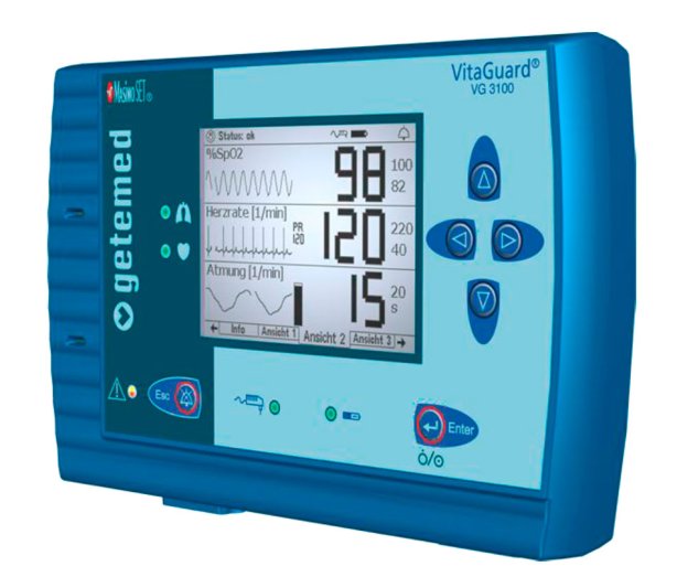 Das VitaGuard® VG 3100 Pulsoximeter von Getemed, bereitgestellt von PMT Medizintechnik GmbH, zeigt sein Display mit Vitalparametern und Bedienelementen zur Überwachung der Sauerstoffsättigung.