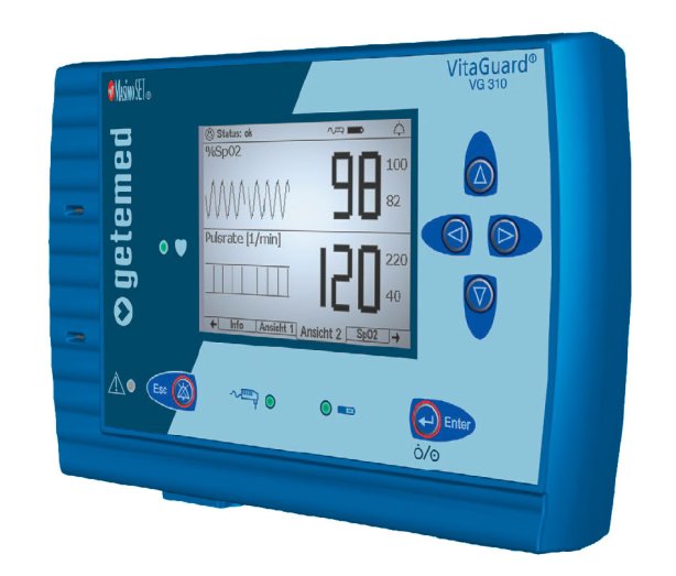 Das VitaGuard® VG 310 Pulsoximeter von Getemed, bereitgestellt von PMT Medizintechnik GmbH, zeigt Display und Bedienelemente zur Überwachung der Vitalfunktionen.
