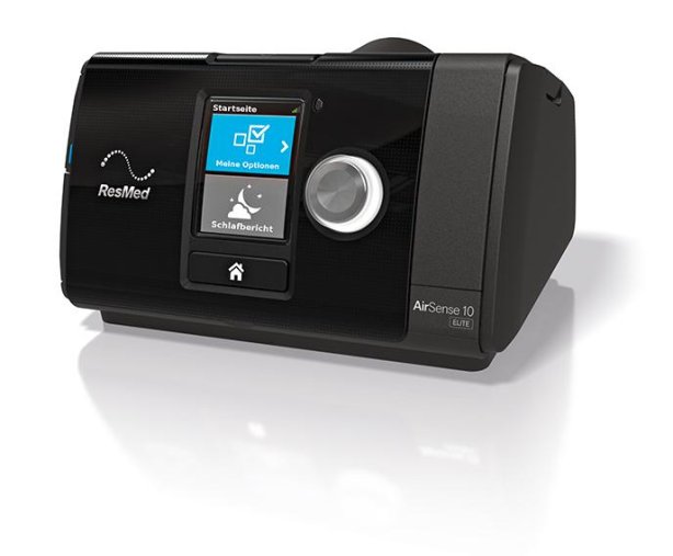 Das moderne CPAP-Gerät Resmed AirSense™ 10 AutoSet™ (Hersteller ResMed), vertrieben von PMT Medizintechnik GmbH, zeigt sein kompaktes, schwarzes Design mit Display und Bedienelementen, geeignet für die Schlafapnoe-Therapie.