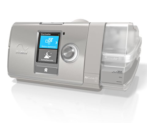Das moderne BiLevel-Gerät Resmed AirCurve™ 10 ST (Hersteller ResMed), vertrieben von PMT Medizintechnik GmbH, zeigt sein kompaktes, graues Design mit Display und Schlauchanschluss, geeignet für die Schlafapnoe-Therapie.
