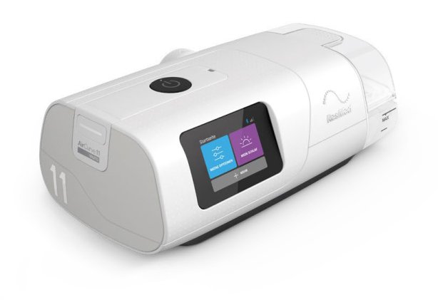 Das moderne BiLevel-Therapiegerät Resmed AirCurve™ 11 ST (Hersteller ResMed), vertrieben von PMT Medizintechnik GmbH, zeigt sein weißes, kompaktes Design mit Display und Anschlüssen, geeignet für die Schlafapnoe-Therapie.