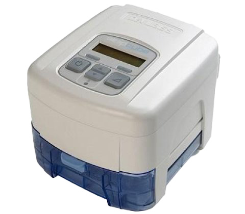 Das Beatmungsgerät DeVilbiss® Sleepcube Bilevel ST (Hersteller DeVilbiss), vertrieben von PMT Medizintechnik GmbH, zeigt sein weiß-blaues Gehäuse mit Display, Bedienelementen und Schlauchanschluss, geeignet zur Unterstützung der Spontanatmung.