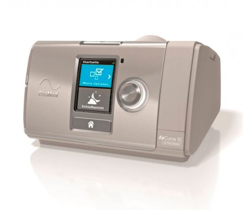 Das moderne ASV-Therapiegerät Resmed AirCurve™ 10 CS PaceWave™ (Hersteller ResMed), vertrieben von PMT Medizintechnik GmbH, zeigt sein kompaktes, schwarzes Design mit Display und Schlauchanschluss, geeignet für die komplexe Schlafapnoe-Therapie.